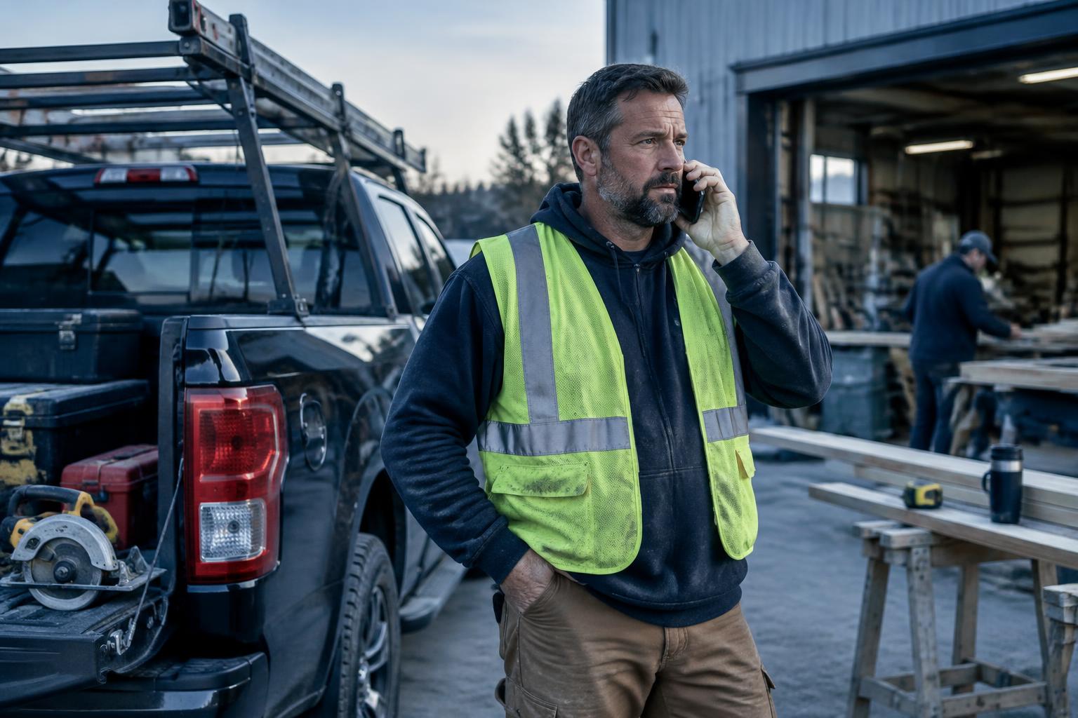 Construction business owner taking a funding call beside his work truck