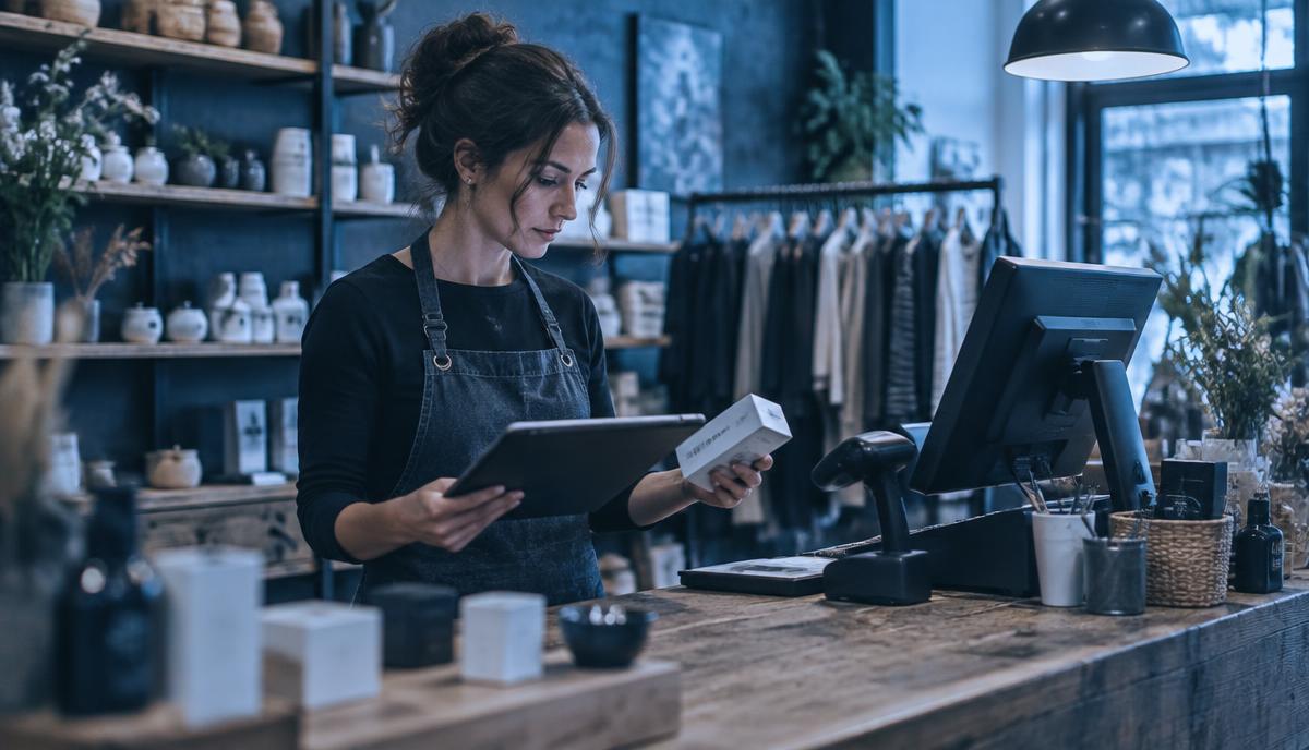 Retail shop owner managing inventory at the counter